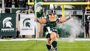 Michigan State mascot Sparty runs out of the tunnel before kickoff against Michigan at Spartan Stadium in East Lansing on Saturday, October 25, 2025.