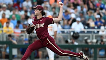 Jun 14, 2024; Omaha, NE, USA;  Florida State Seminoles starting pitcher Jamie Arnold (16) throws against the Tennessee Volunteers during the sixth inning at Charles Schwab Filed Omaha. Mandatory Credit: Steven Branscombe-Imagn Images