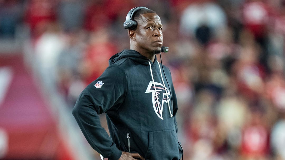 October 19, 2025; Santa Clara, California, USA; Atlanta Falcons head coach Raheem Morris during the fourth quarter against the San Francisco 49ers at Levi's Stadium. Mandatory Credit: Kyle Terada-Imagn Images
