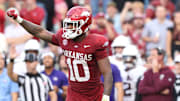 Arkansas Razorbacks linebacker Xavian Sorey Jr. enjoyed a rare celebration for the Hogs' defense after sacking Texas A&M Aggies quarterback Marcel Reed during the second quarter Saturday at Razorback Stadium.