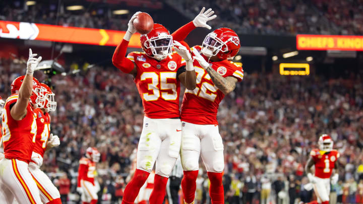 Feb 11, 2024; Paradise, Nevada, USA; Kansas City Chiefs cornerback Jaylen Watson (35) celebrates with Trent McDuffie (22) after recovering a muffed punt against the San Francisco 49ers in the second half in Super Bowl LVIII at Allegiant Stadium. Mandatory Credit: Mark J. Rebilas-USA TODAY Sports