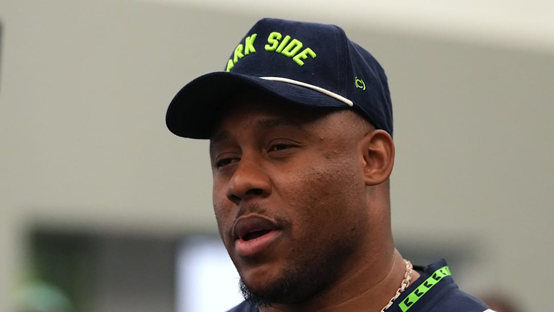 Seattle Seahawks linebacker Uchenna Nwosu talks to media members at the San Jose Marriott.