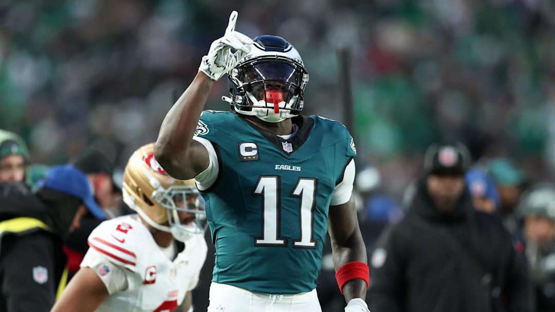 Jan 11, 2026; Philadelphia, PA, USA; Philadelphia Eagles wide receiver A.J. Brown (11) celebrates first down against the San Francisco 49ers during the first quarter in an NFC Wild Card Round game at Lincoln Financial Field. Mandatory Credit: Bill Streicher-Imagn Images