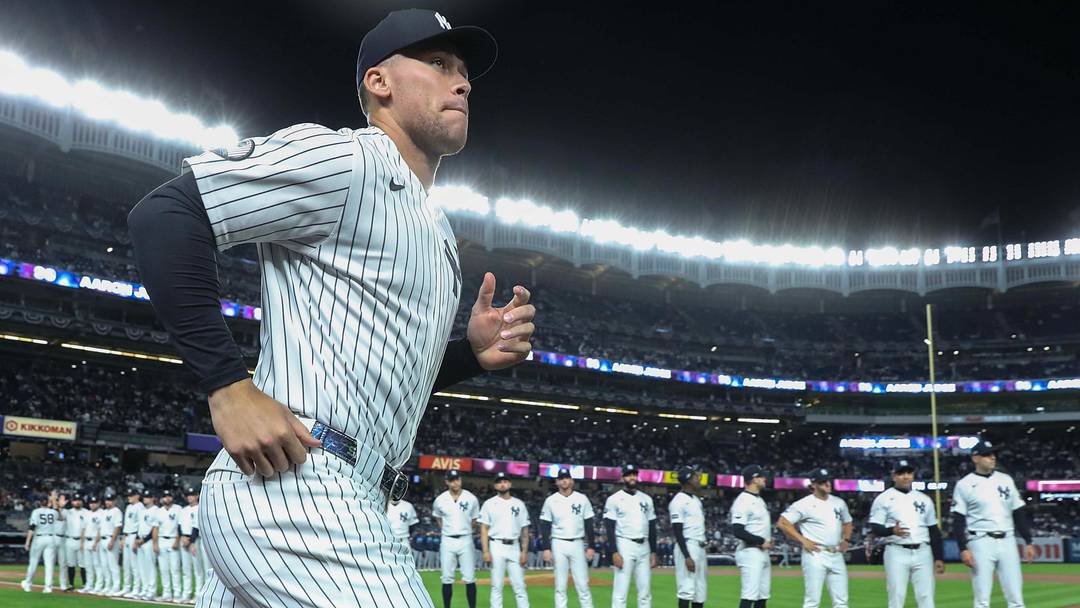 Oct 7, 2026; Bronx, New York, USA; New York Yankees right fielder Aaron Judge (99)  against the Tampa Bay Rays in game three of the ALDS for the 2026 MLB Playoffs at Yankee Stadium. Mandatory Credit: Wendell Cruz-Imagn Images
