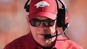 Arkansas interim coach Bobby Petrino during the NCAA college football game against Tennessee on Oct. 11, 2025, in Knoxville, Tennessee.