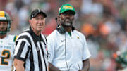 Sep 13, 2025; Piscataway, New Jersey, USA; Norfolk State Spartans head coach Michael Vick look up during the first half against the Rutgers Scarlet Knights at SHI Stadium. Mandatory Credit: Vincent Carchietta-Imagn Images