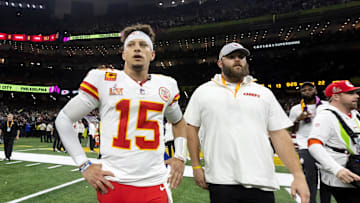 Feb 9, 2025; New Orleans, LA, USA;  Kansas City Chiefs quarterback Patrick Mahomes (15) reacts after losing to the Philadelphia Eagles in Super Bowl LIX at Ceasars Superdome. Mandatory Credit: Mark J. Rebilas-Imagn Images