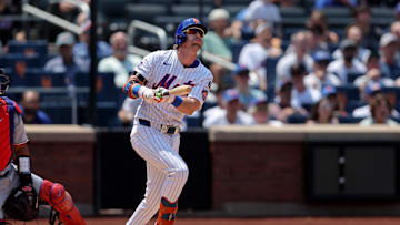 Jun 12, 2025; New York City, New York, USA; New York Mets second baseman Jeff McNeil (1) watches his three run home run against the Washington Nationals during the first inning at Citi Field. Mandatory Credit: Brad Penner-Imagn Images