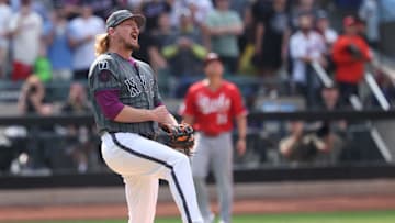 Jul 20, 2025; New York City, New York, USA; New York Mets relief pitcher Ryne Stanek (55) reacts after closing the game against the Cincinnati Reds at Citi Field. Mandatory Credit: Vincent Carchietta-Imagn Images