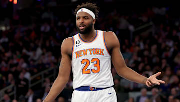 Jan 4, 2023; New York, New York, USA; New York Knicks center Mitchell Robinson (23) reacts after being called for a foul during the second quarter against the San Antonio Spurs at Madison Square Garden. Mandatory Credit: Brad Penner-Imagn Images