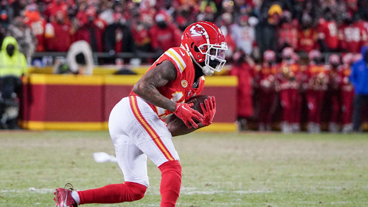 Jan 13, 2024; Kansas City, Missouri, USA; Kansas City Chiefs wide receiver Richie James (17) catches a pass against the Miami Dolphins in a 2024 AFC wild card game at GEHA Field at Arrowhead Stadium. Mandatory Credit: Denny Medley-Imagn Images