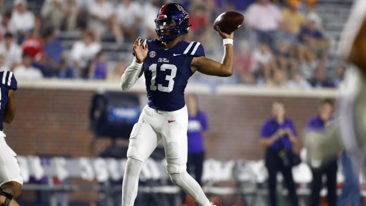 Aug 31, 2024; Oxford, Mississippi, USA; Mississippi Rebels quarterback Austin Simmons (13) passes the ball during the second half  against the Furman Paladins at Vaught-Hemingway Stadium. Mandatory Credit: Petre Thomas-USA TODAY Sports