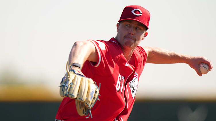 Feb 16, 2024; Goodyear, AZ, USA; Cincinnati Reds non-roster invitee pitcher Justin Bruihl (67) delivers live batting practice during spring training workouts. Mandatory Credit: Kareem Elgazzar/The Enquirer-USA TODAY Sports