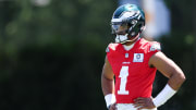 May 30, 2024; Philadelphia, PA, USA; Philadelphia Eagles quarterback Jalen Hurts (1) looks on during practice at NovaCare Complex. Mandatory Credit: Bill Streicher-USA TODAY Sports