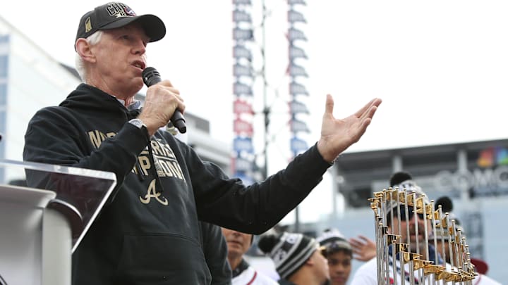 Nov 5, 2021; Atlanta, GA, USA; Atlanta Braves chairman Terry McGuirk speaks during the World Series championship rally at Truist Park. Mandatory Credit: Brett Davis-Imagn Images