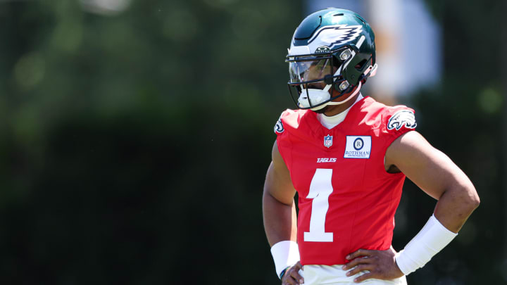 May 30, 2024; Philadelphia, PA, USA; Philadelphia Eagles quarterback Jalen Hurts (1) looks on during practice at NovaCare Complex. Mandatory Credit: Bill Streicher-USA TODAY Sports