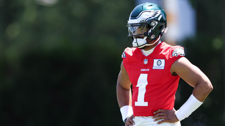 May 30, 2024; Philadelphia, PA, USA; Philadelphia Eagles quarterback Jalen Hurts (1) looks on during practice at NovaCare Complex. Bill Streicher-USA TODAY Sports