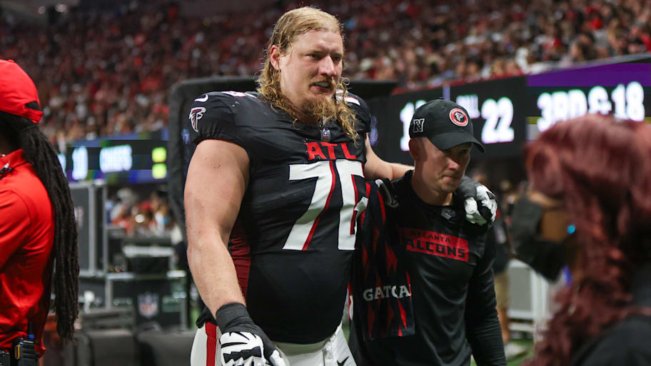 Atlanta Falcons offensive tackle Kaleb McGary will need an MRI on his leg. | Brett Davis-Imagn Images