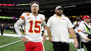 Feb 9, 2025; New Orleans, LA, USA;  Kansas City Chiefs quarterback Patrick Mahomes (15) reacts after losing to the Philadelphia Eagles in Super Bowl LIX at Ceasars Superdome. Mandatory Credit: Mark J. Rebilas-Imagn Images