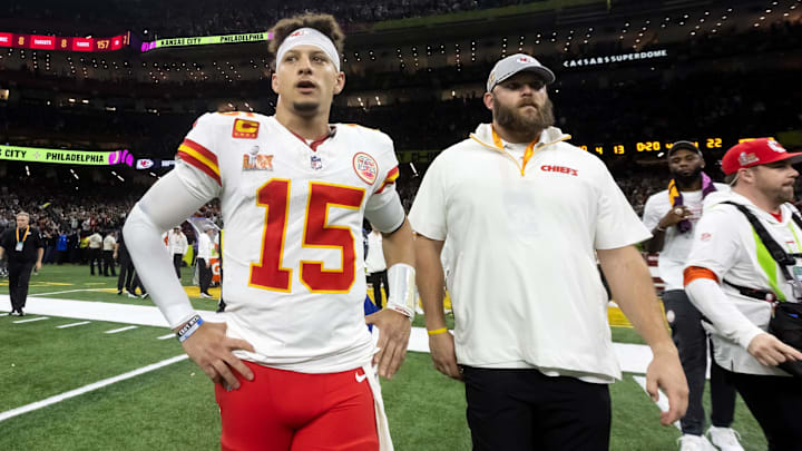 Feb 9, 2025; New Orleans, LA, USA;  Kansas City Chiefs quarterback Patrick Mahomes (15) reacts after losing to the Philadelphia Eagles in Super Bowl LIX at Ceasars Superdome. Mandatory Credit: Mark J. Rebilas-Imagn Images