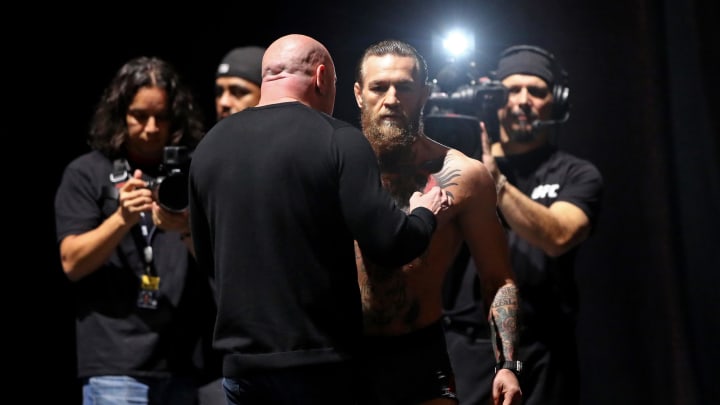 Jan 17, 2020; Las Vegas, Nevada, USA; UFC president Dana White (left) talks with Conor McGregor during weigh ins for UFC 246 at T-Mobile Arena.