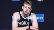 Sep 23, 2025; Brooklyn, NY, USA;  Brooklyn Nets forward Danny Wolf (2) speaks at Media Day. Mandatory Credit: Wendell Cruz-Imagn Images