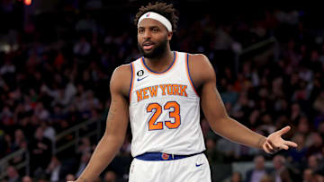 Jan 4, 2023; New York, New York, USA; New York Knicks center Mitchell Robinson (23) reacts after being called for a foul during the second quarter against the San Antonio Spurs at Madison Square Garden. Mandatory Credit: Brad Penner-Imagn Images
