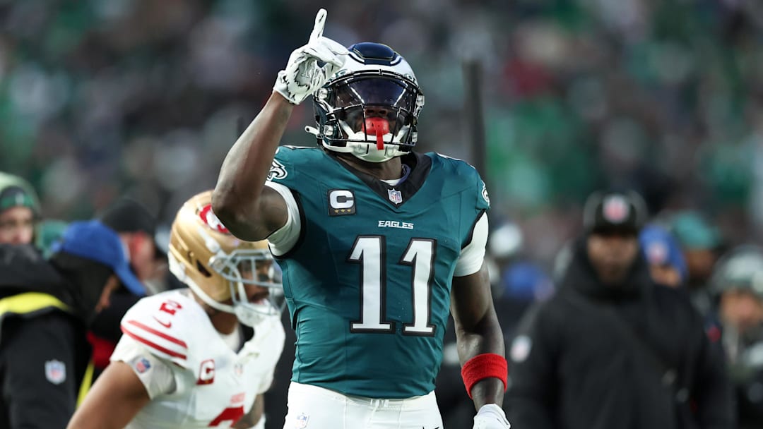 Jan 11, 2026; Philadelphia, PA, USA; Philadelphia Eagles wide receiver A.J. Brown (11) celebrates first down against the San Francisco 49ers during the first quarter in an NFC Wild Card Round game at Lincoln Financial Field. Mandatory Credit: Bill Streicher-Imagn Images