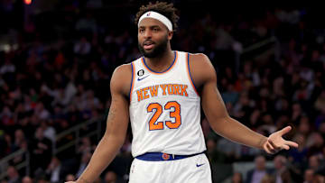 Jan 4, 2023; New York, New York, USA; New York Knicks center Mitchell Robinson (23) reacts after being called for a foul during the second quarter against the San Antonio Spurs at Madison Square Garden. Mandatory Credit: Brad Penner-Imagn Images