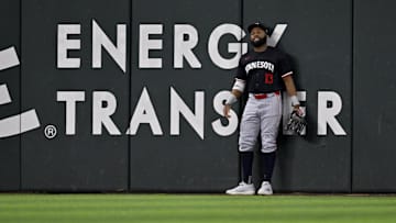 Aug 18, 2024; Arlington, Texas, USA; Minnesota Twins center fielder Manuel Margot (13) looks on after Texas Rangers designated hitter Josh Jung (not pictured) hits the go ahead home run against the Minnesota Twins during the seventh inning at Globe Life Field. Mandatory Credit: Jerome Miron-Imagn Images