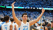 Nov 7, 2025; Chapel Hill, North Carolina, USA;  North Carolina Tar Heels guard Luka Bogavac (44) reacts at the end of the game at Dean E. Smith Center. Mandatory Credit: Bob Donnan-Imagn Images