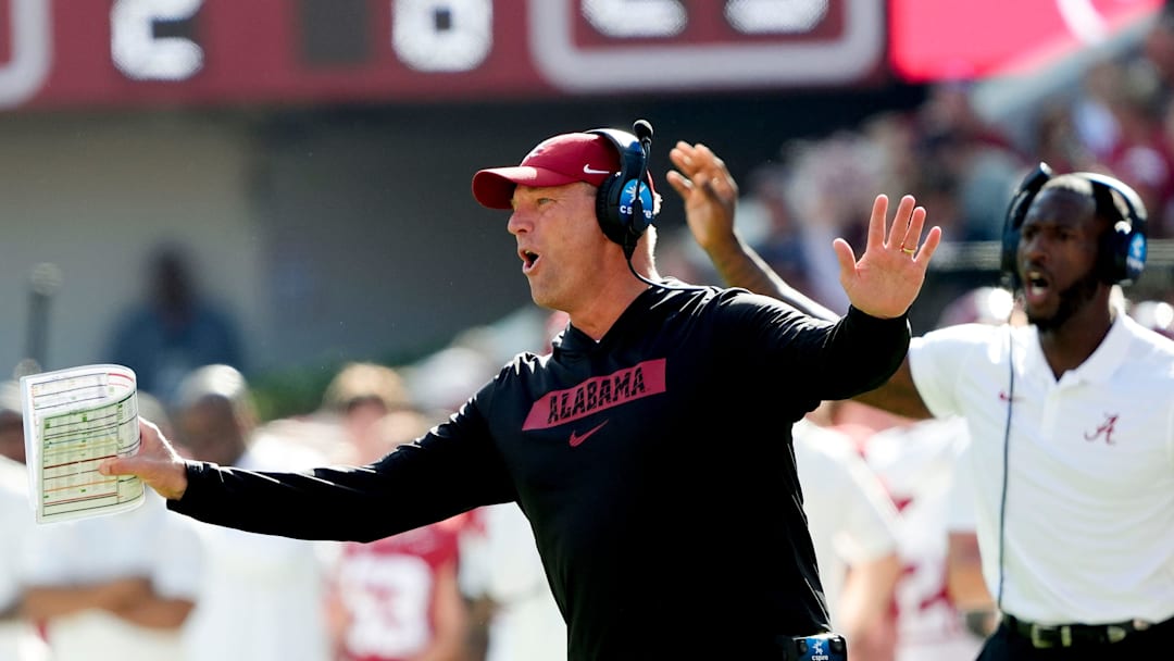 Nov 16, 2024; Tuscaloosa, AL, USA; Alabama Crimson Tide head coach Kalen DeBoer protests a personal foul call against Alabama during the game with Mercer at Bryant-Denny Stadium. Mandatory Credit: Gary Cosby Jr.-Tuscaloosa News