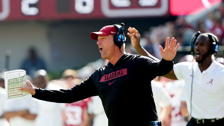 Nov 16, 2024; Tuscaloosa, AL, USA; Alabama Crimson Tide head coach Kalen DeBoer protests a personal foul call against Alabama during the game with Mercer at Bryant-Denny Stadium. Mandatory Credit: Gary Cosby Jr.-Tuscaloosa News