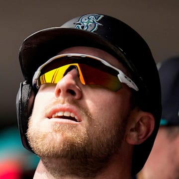 Seattle Mariners outfielder Luke Raley (20) celebrates a two-run home run in the fourth inning of the MLB Interleague game between the Cincinnati Reds and the Seattle Mariners at Great American Ball Park in downtown Cincinnati on Thursday, April 17, 2025. The Mariners beat the Reds, 11-7, in 10 innings.