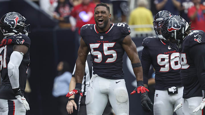 Oct 27, 2024; Houston, Texas, USA; Houston Texans defensive end Danielle Hunter (55) celebrates after a play during the game against the Indianapolis Colts at NRG Stadium. Mandatory Credit: Troy Taormina-Imagn Images Oct 27, 2024; Houston, Texas, USA; Houston Texans defensive end Danielle Hunter (55) celebrates after a play during the game against the Indianapolis Colts at NRG Stadium. Mandatory Credit: Troy Taormina-Imagn Images