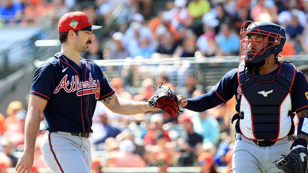 Feb 28, 2026; Sarasota, Florida, USA; Atlanta Braves starting pitcher Spencer Strider (99) and Atlanta Braves catcher Chadwick Tromp (38) greet at the end of the second inning against the Baltimore Orioles at Ed Smith Stadium. Mandatory Credit: Kim Klement Neitzel-Imagn Images Feb 28, 2026; Sarasota, Florida, USA; Atlanta Braves starting pitcher Spencer Strider (99) and Atlanta Braves catcher Chadwick Tromp (38) greet at the end of the second inning against the Baltimore Orioles at Ed Smith Stadium. Mandatory Credit: Kim Klement Neitzel-Imagn Images