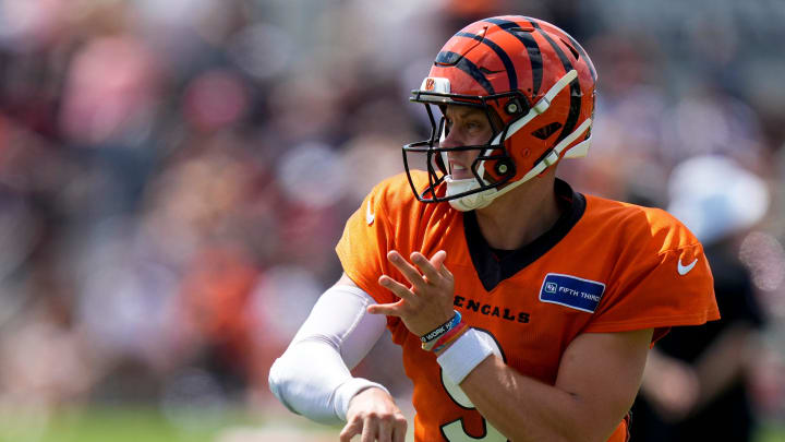 Cincinnati Bengals quarterback Joe Burrow (9) throws a pass during a preseason joint practice at the Paycor Stadium practice facility in downtown Cincinnati on Tuesday, Aug. 20, 2024.