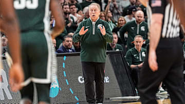 Michigan State head coach Tom Izzo reacts to a play against Auburn during the first half of the Elite Eight round of the NCAA tournament at State Farm Arena in Atlanta on Sunday, March 30, 2025.
