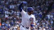 Aug 3, 2024; Chicago, Illinois, USA; Chicago Cubs first baseman Michael Busch (29) gestures after hitting a two-run home run against the St. Louis Cardinals during the first inning at Wrigley Field. Mandatory Credit: David Banks-USA TODAY Sports