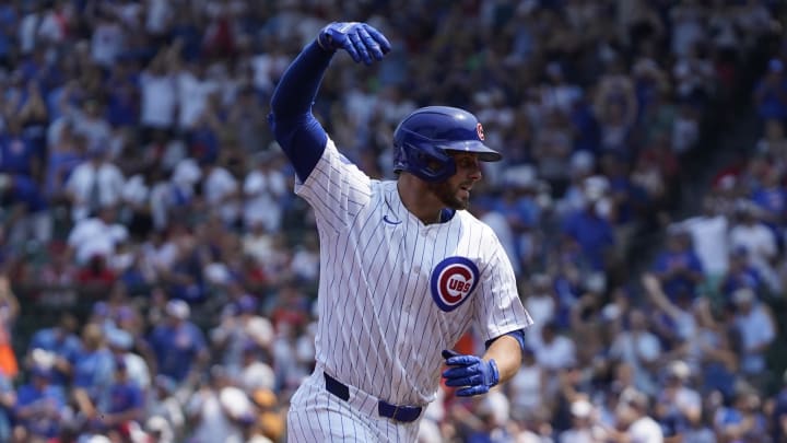 Aug 3, 2024; Chicago, Illinois, USA; Chicago Cubs first baseman Michael Busch (29) gestures after hitting a two-run home run against the St. Louis Cardinals during the first inning at Wrigley Field. Mandatory Credit: David Banks-USA TODAY Sports Aug 3, 2024; Chicago, Illinois, USA; Chicago Cubs first baseman Michael Busch (29) gestures after hitting a two-run home run against the St. Louis Cardinals during the first inning at Wrigley Field. Mandatory Credit: David Banks-USA TODAY Sports