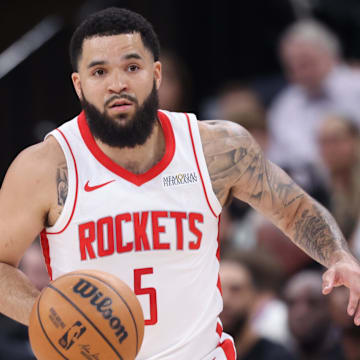 Mar 27, 2025; Salt Lake City, Utah, USA; Houston Rockets guard Fred VanVleet (5) moves the ball against the Utah Jazz during the first half at Delta Center. Mandatory Credit: Rob Gray-Imagn Images
