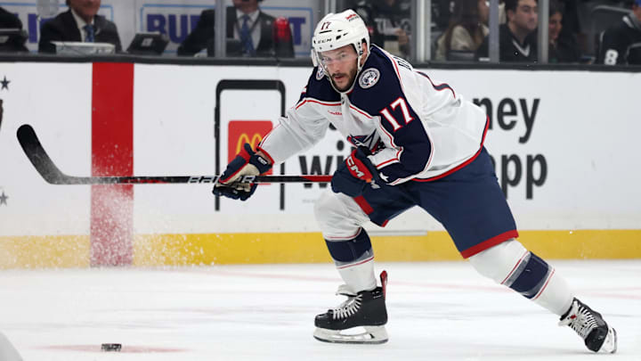 Nov 9, 2024; Los Angeles, California, USA; Columbus Blue Jackets right wing Justin Danforth (17) skates with the puck during the first period against the Los Angeles Kings at Crypto.com Arena. Mandatory Credit: Jason Parkhurst-Imagn Images
