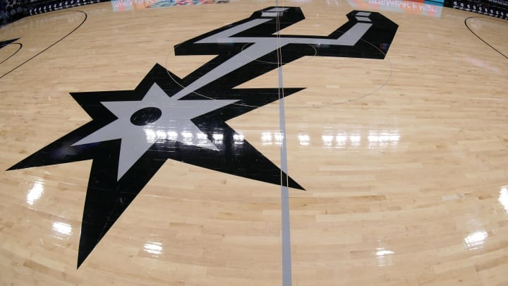 Dec 13, 2018; San Antonio, TX, USA; A general view of the San Antonio Spurs logo on the court prior to a game between the Spurs and the LA Clippers at Frost Bank Center. 