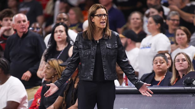 Fever head coach Stephanie White reacts to a call against the Atlanta Dream 