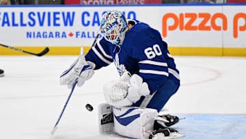 Jan 29, 2025; Toronto, Ontario, CAN;  Toronto Maple Leafs goalie Joseph Woll (60) makes a save against the Minnesota Wild in the second period at Scotiabank Arena. Mandatory Credit: Dan Hamilton-Imagn Images