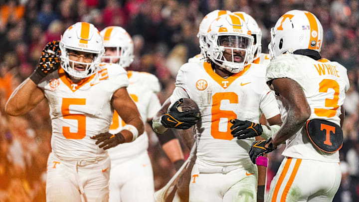 Tennessee running back Dylan Sampson (6) celebrates his touchdown with teammates during a college football game between Tennessee and Georgia at Sanford Stadium in Athens, Ga., on Saturday, November 16, 2024.