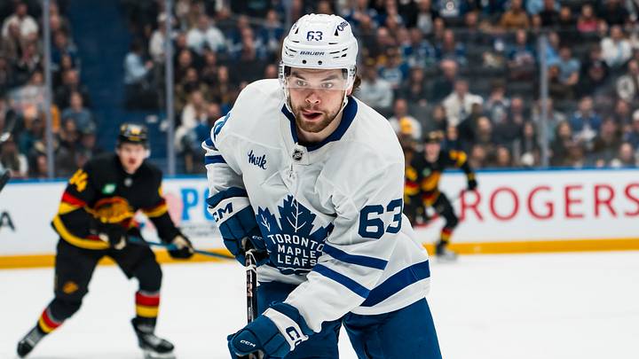 Jan 31, 2026; Vancouver, British Columbia, CAN; Toronto Maple Leafs forward Matias Maccelli (63) skates against the Vancouver Canucks in the third period at Rogers Arena. Mandatory Credit: Bob Frid-Imagn Images
