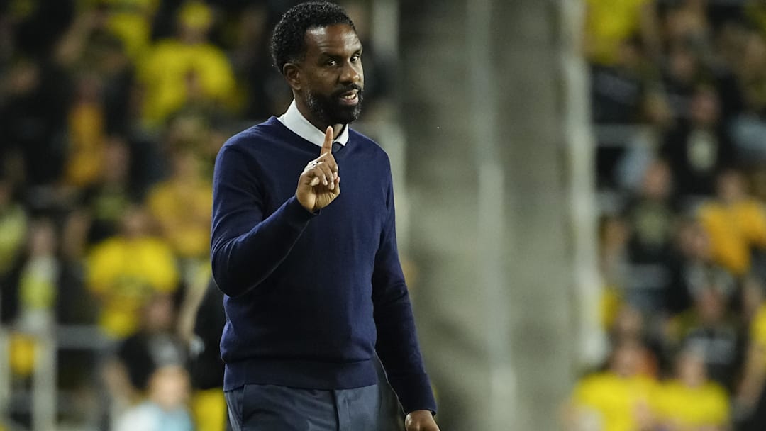 Oct 29, 2024; Columbus, Ohio, USA; Columbus Crew head coach Wilfried Nancy wags his finger at the sideline official during the second half of the MLS Cup Playoffs first round game against the New York Red Bulls at Lower.com Field in Columbus on Oct. 29.  Mandatory Credit: Adam Cairns/USA TODAY Network via Imagn Images 