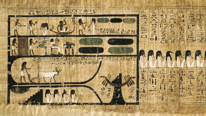 Ancient Egyptian Book of the Dead on papyrus showing written hieroglyphs.