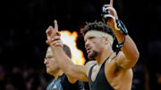 Iowa’s Stephen Buchanan defeated Ohio State’s Seth Shumate during a 197-pound match at a Big Ten conference dual Saturday, Jan. 25, 2025 at Carver-Hawkeye Arena in Iowa City, Iowa.